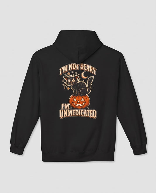 Black I'm Not Scary I'm Unmedicated hoodie, vintage Halloween back print