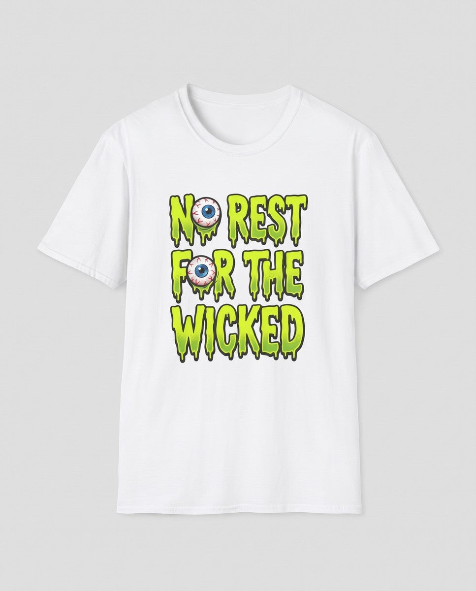 White No Rest For The Wicked t-shirt, vintage Halloween front print