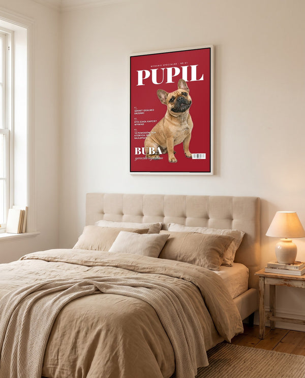 Plakat zwierzak na okładce magazynu w ramie nad łóżkiem w jasnej sypialni