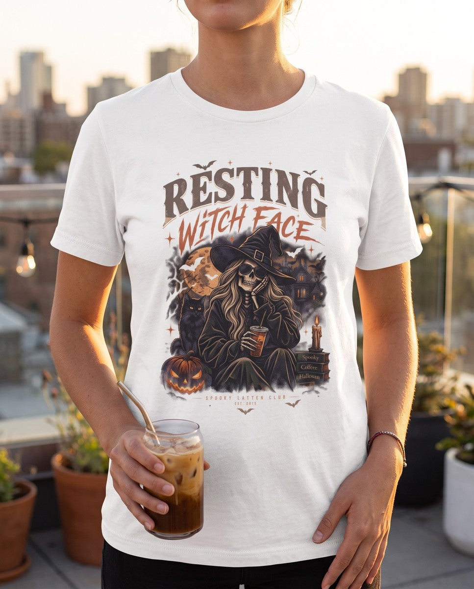 Person wearing the white Resting Witch Face t-shirt, seen from the front