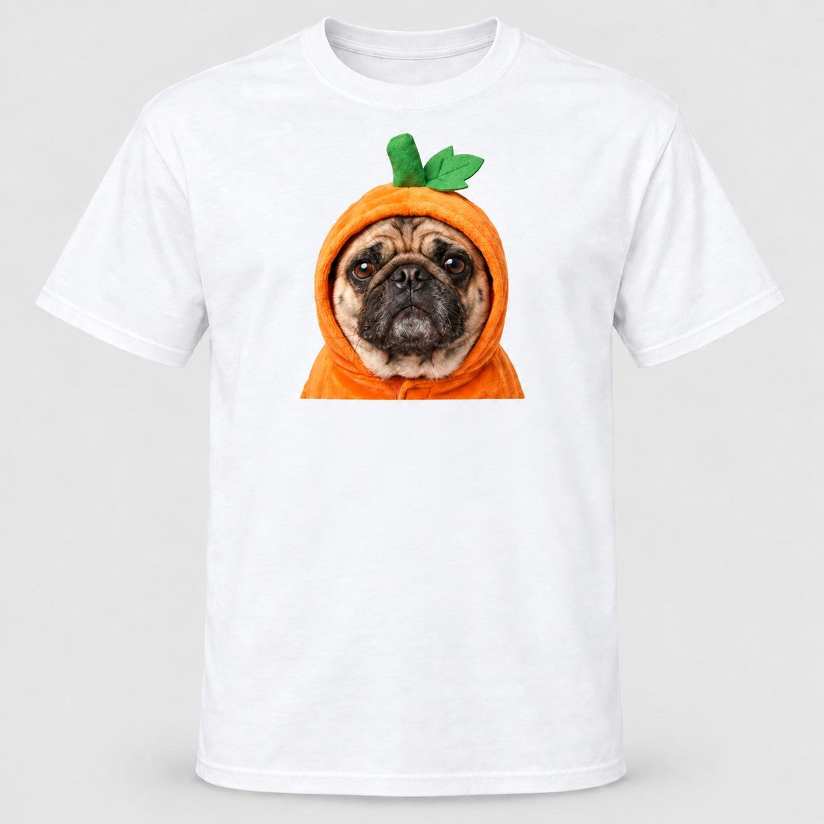 White t-shirt with a real pug in a pumpkin costume hood printed on the front