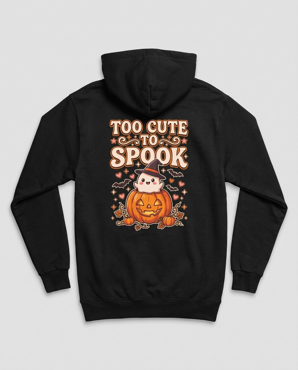 Black Too Cute To Spook hoodie, vintage Halloween back print
