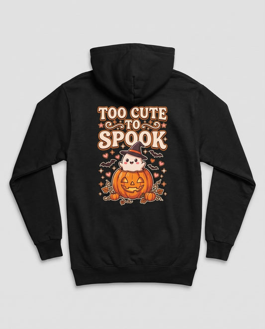 Black Too Cute To Spook hoodie, vintage Halloween back print