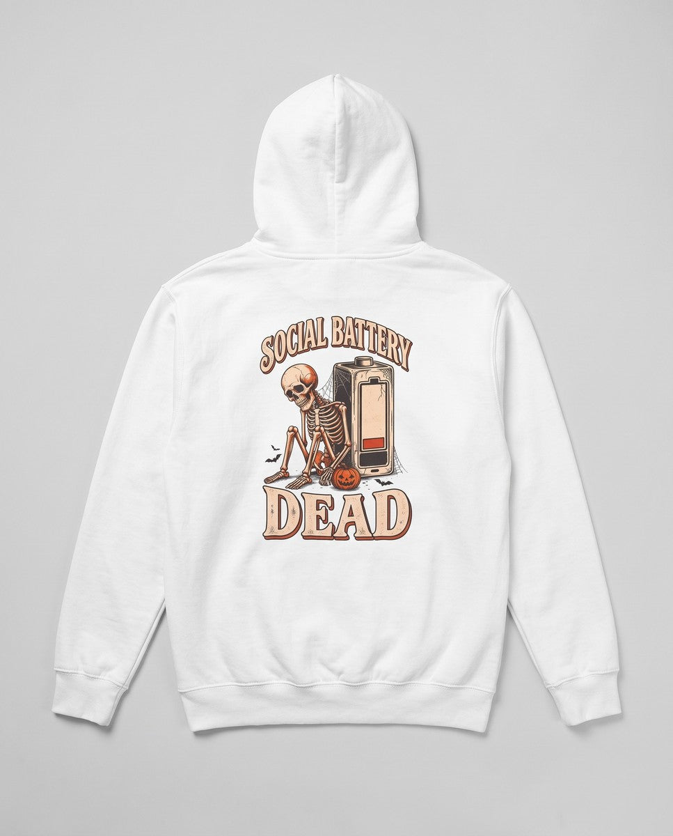 White Social Battery Dead hoodie, vintage Halloween back print