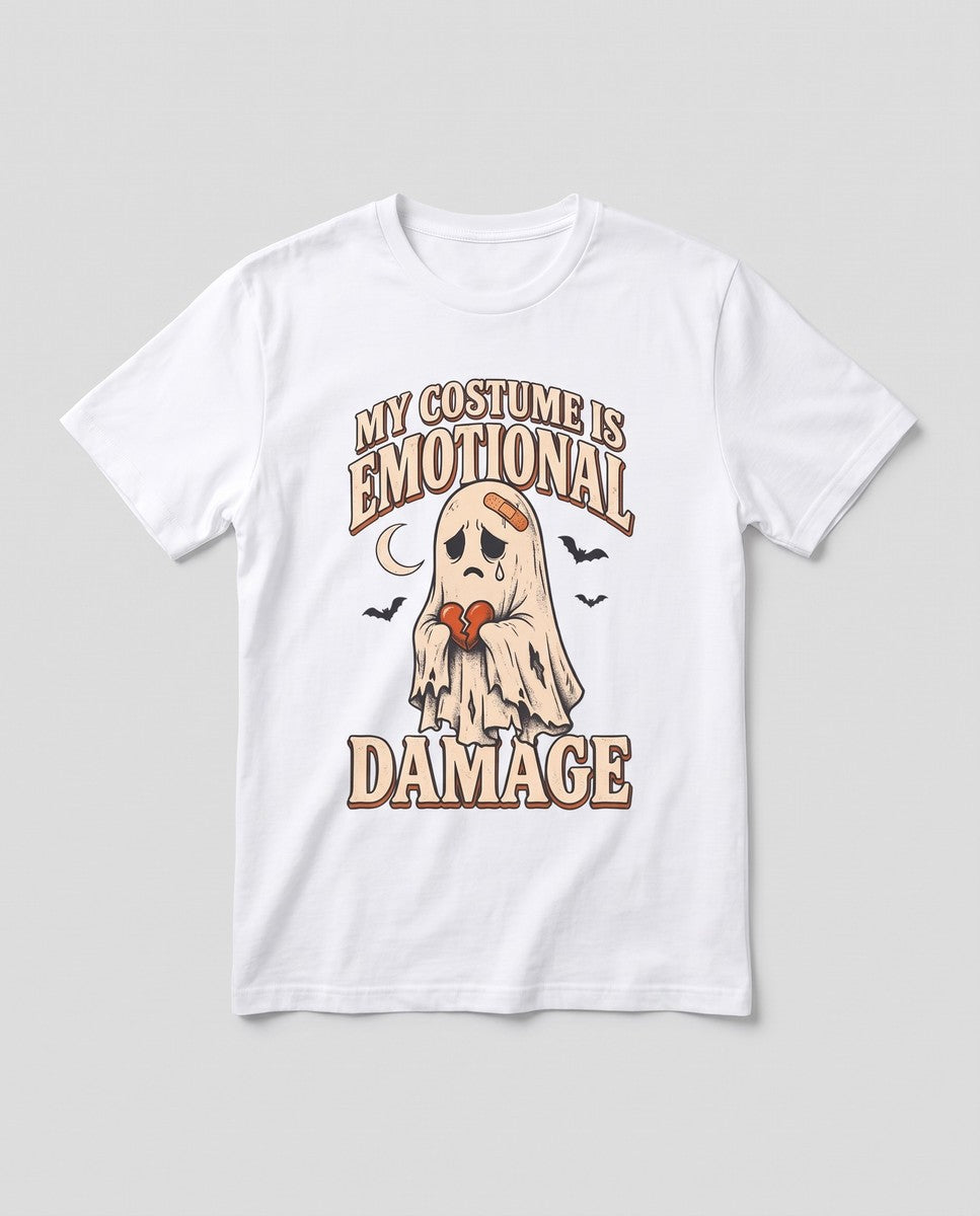 White My Costume Is Emotional Damage t-shirt, vintage Halloween front print