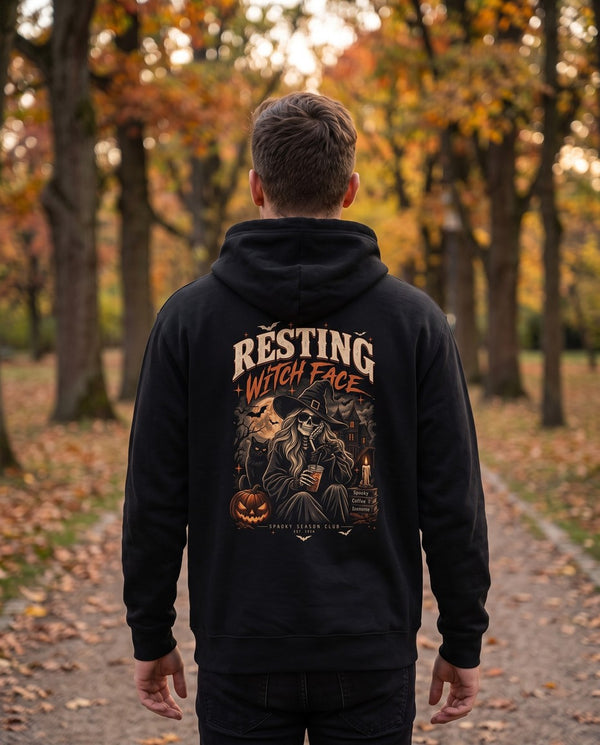 Person wearing the black Resting Witch Face hoodie, seen from behind