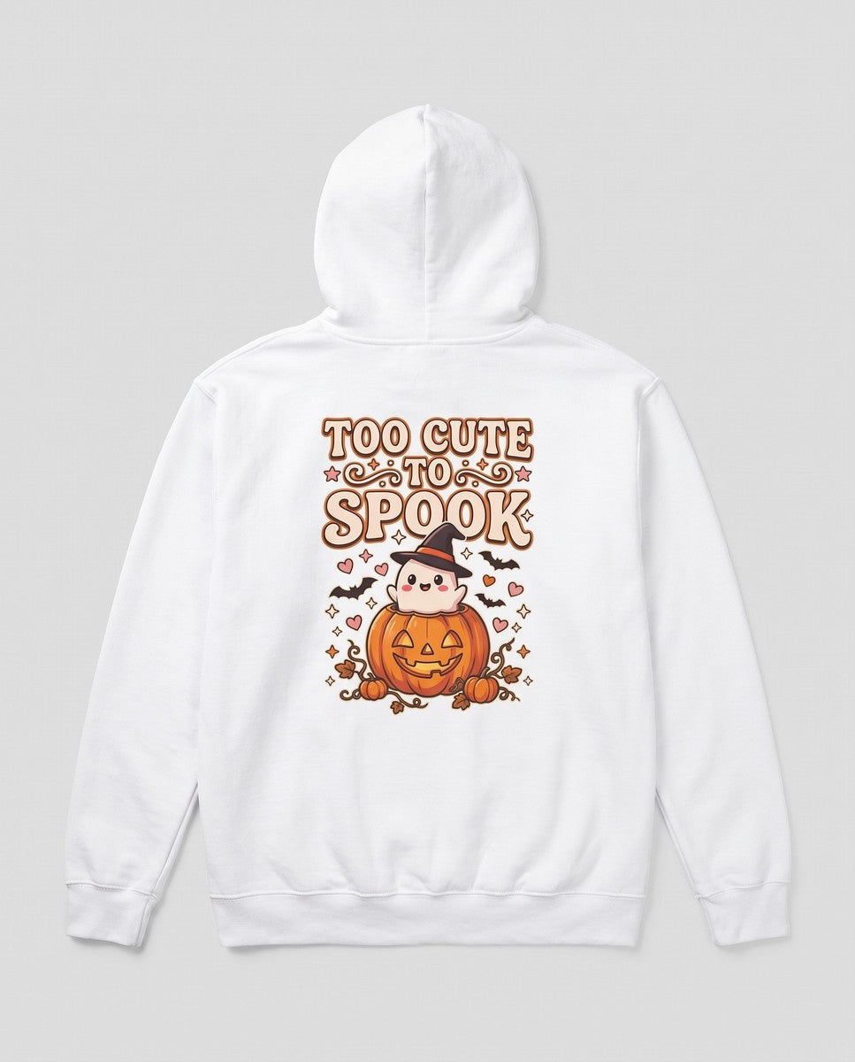 White Too Cute To Spook hoodie, vintage Halloween back print