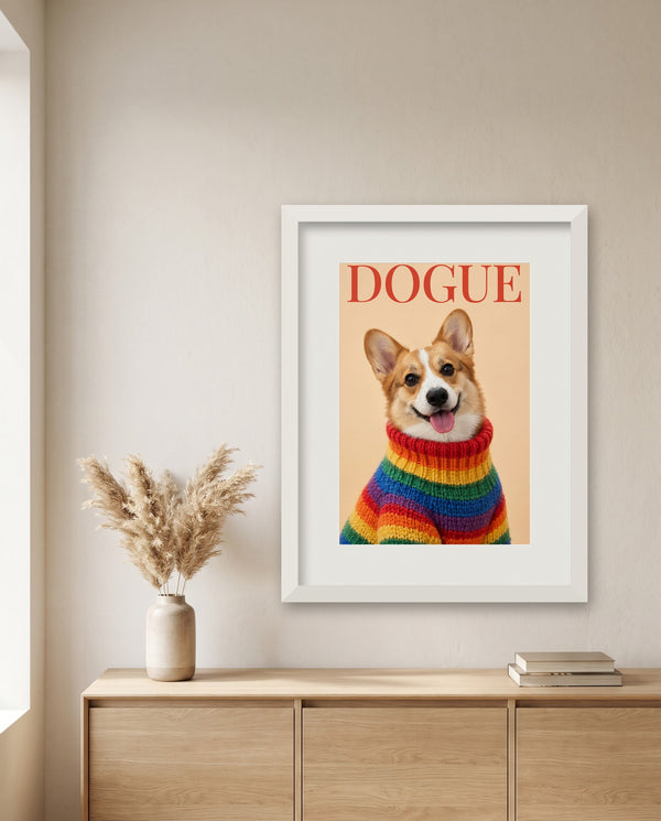 DOGUE – pies w tęczowym golfie, rama z passe-partout