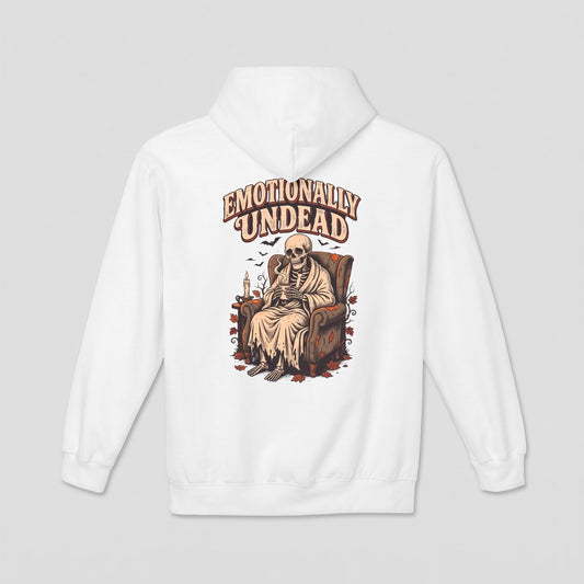 White Emotionally Undead hoodie, vintage Halloween back print