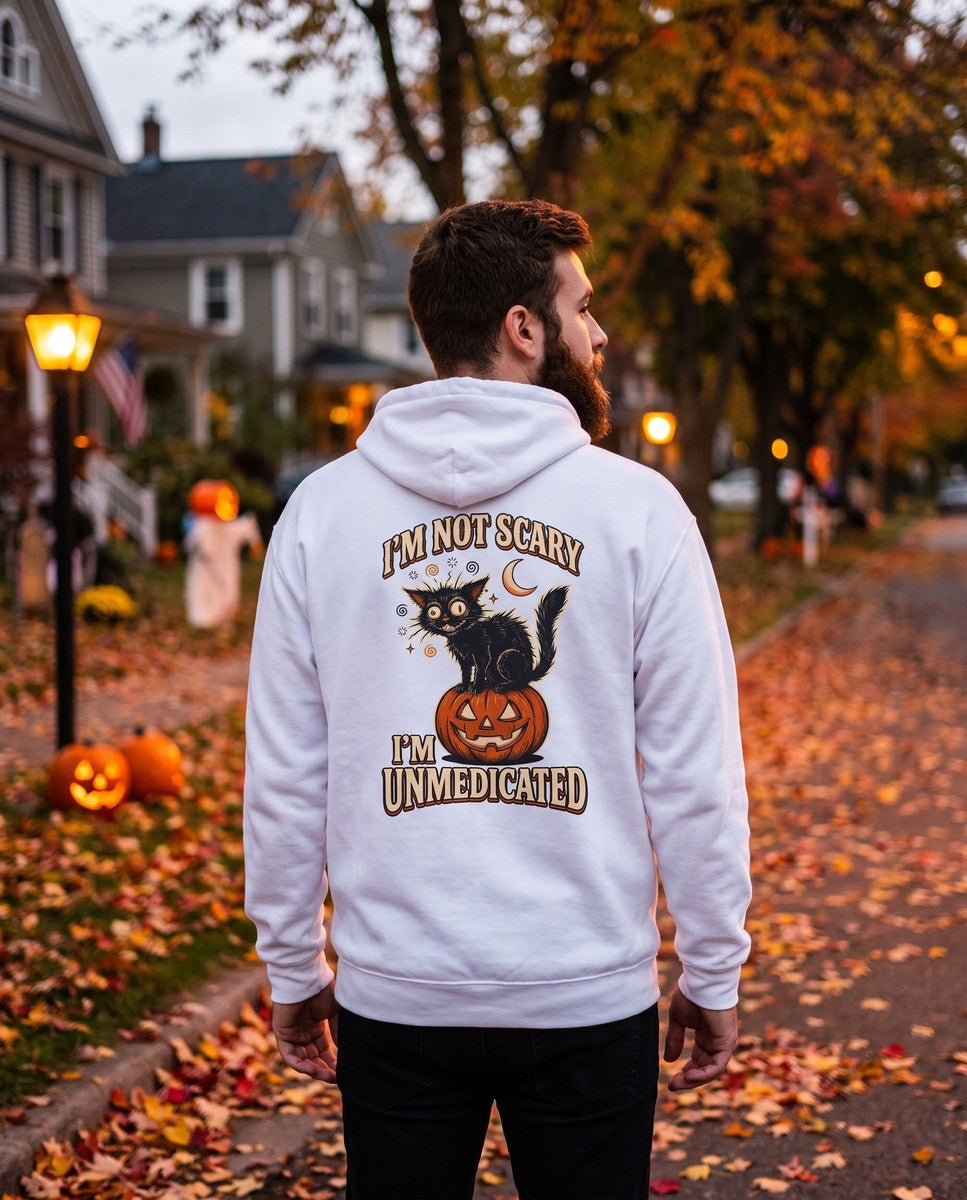 Person seen from behind in the white I'm Not Scary I'm Unmedicated hoodie