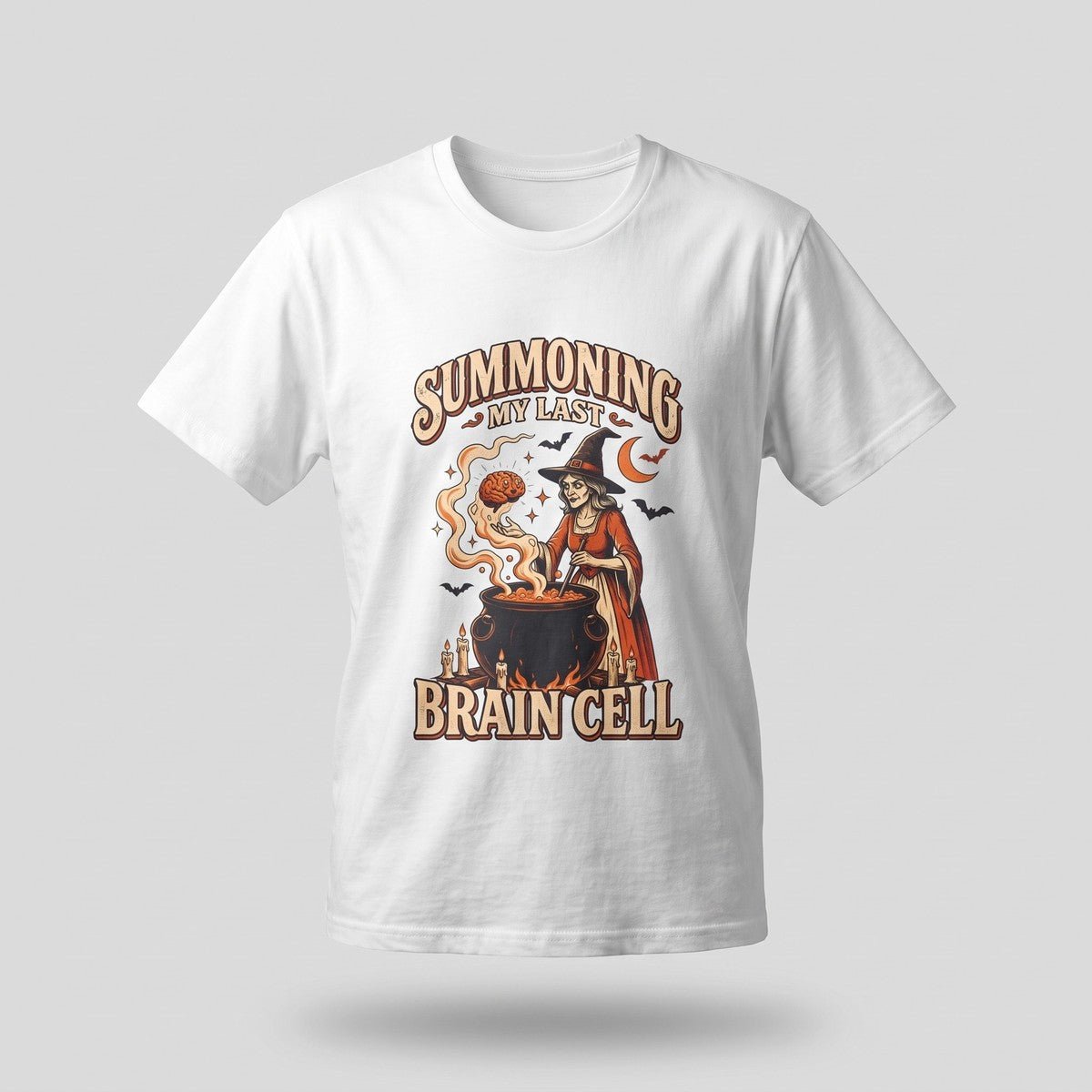 White Summoning My Last Brain Cell t-shirt, vintage Halloween front print