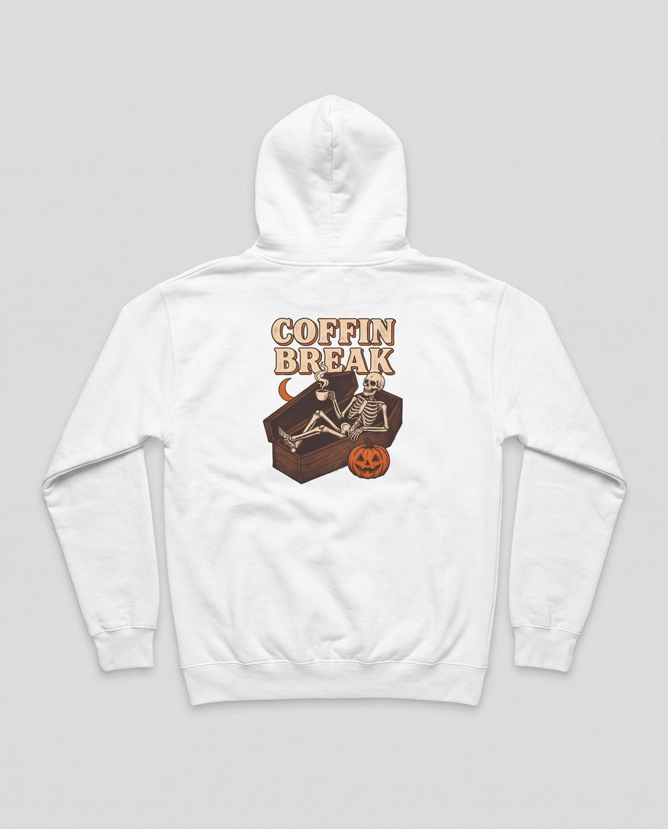 White Coffin Break hoodie, vintage Halloween back print