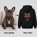 Your photo of a French bulldog turned into a vampire costume portrait printed on a black hoodie
