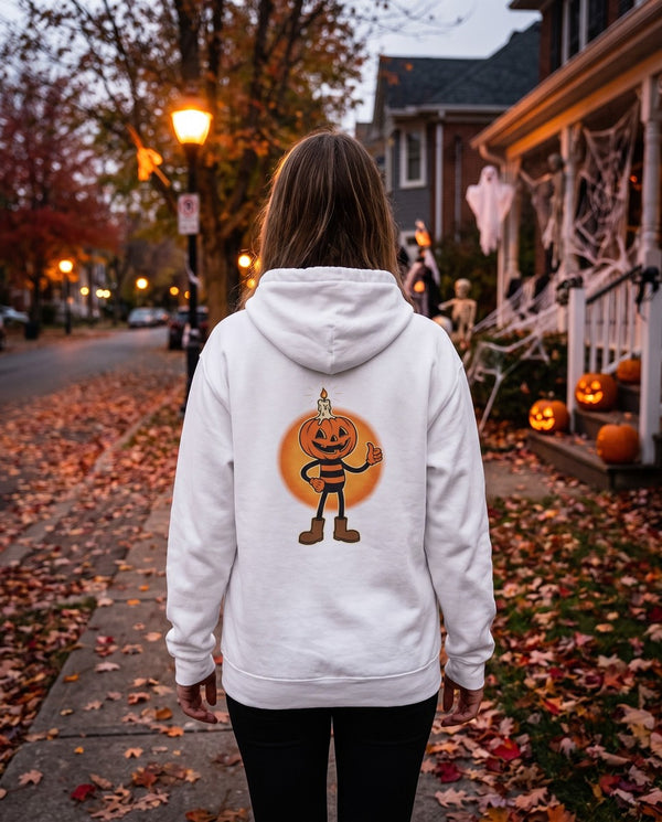 Person seen from behind in the white Pumpkin Candle Head hoodie