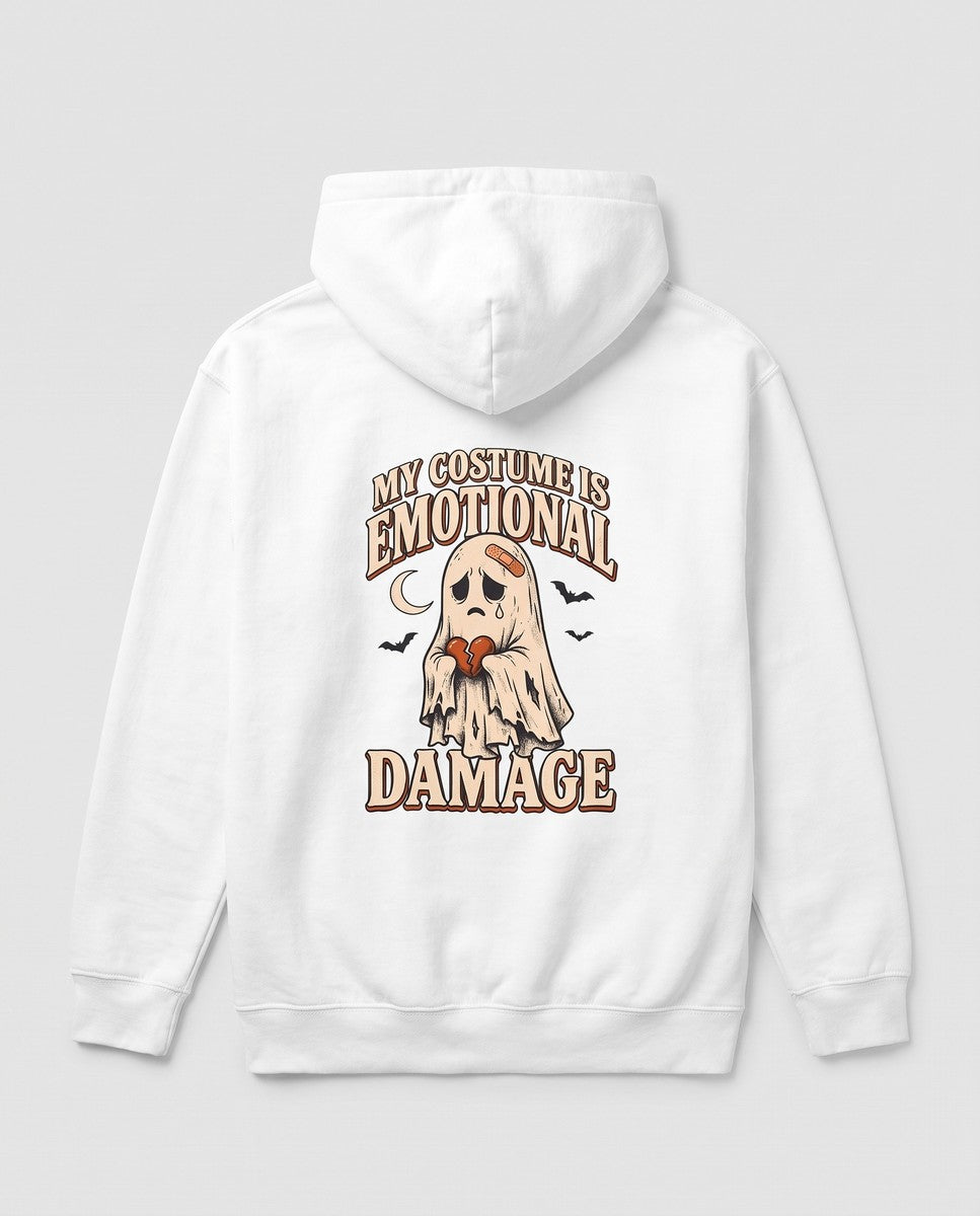 White My Costume Is Emotional Damage hoodie, vintage Halloween back print