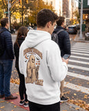 Person seen from behind in the white Currently Haunting My Group Chat hoodie