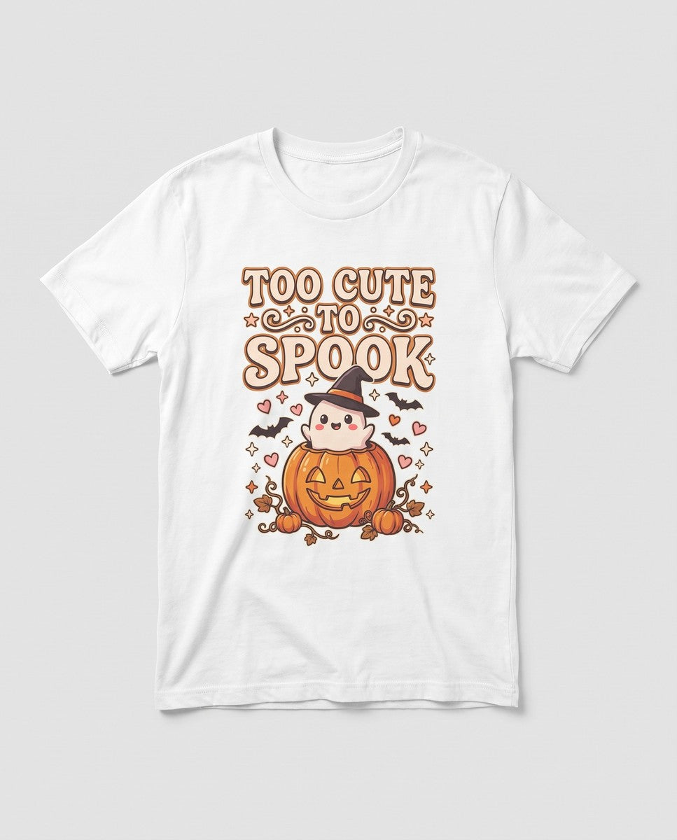 White Too Cute To Spook t-shirt, vintage Halloween front print