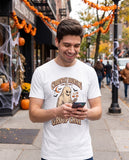 Person wearing the white Currently Haunting My Group Chat t-shirt