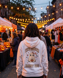 Person seen from behind in the white Cute Enough To Haunt You hoodie