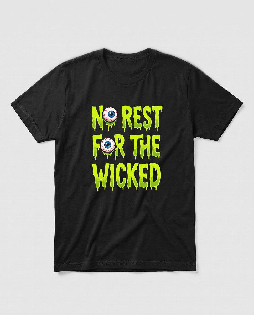 Black No Rest For The Wicked t-shirt, vintage Halloween front print