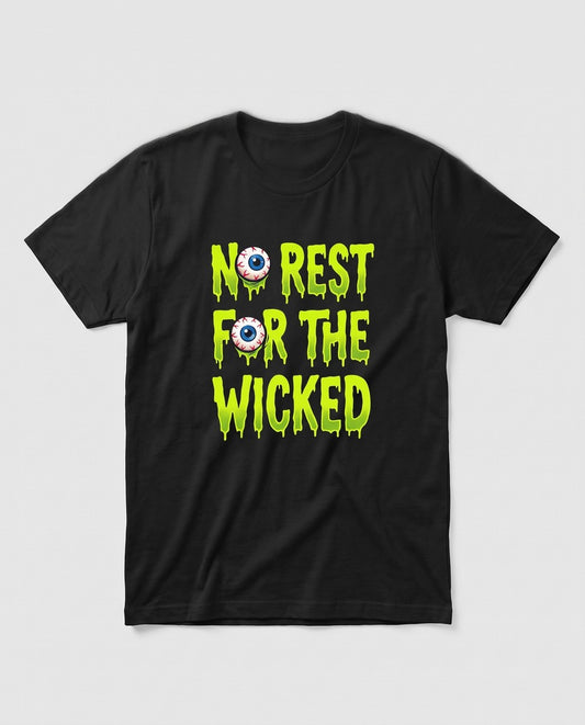 Black No Rest For The Wicked t-shirt, vintage Halloween front print