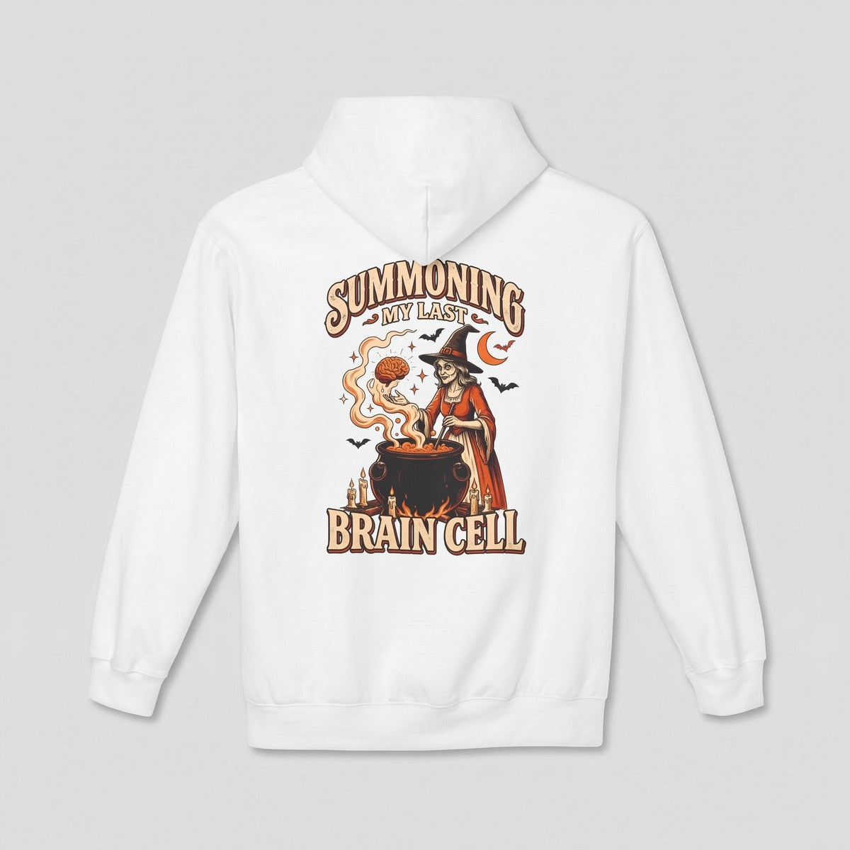 White Summoning My Last Brain Cell hoodie, vintage Halloween back print