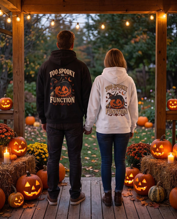 Two friends seen from behind in the black and white Too Spooky To Function hoodies