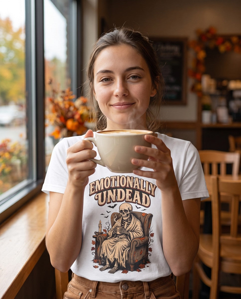 Person wearing the white Emotionally Undead t-shirt