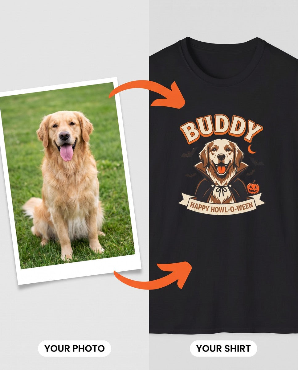 Your dog's photo turned into a vintage Halloween costume portrait printed on a black t-shirt
