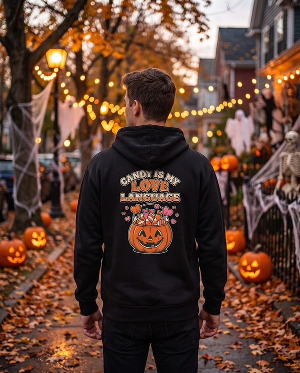 Person seen from behind in the black Candy Is My Love Language hoodie
