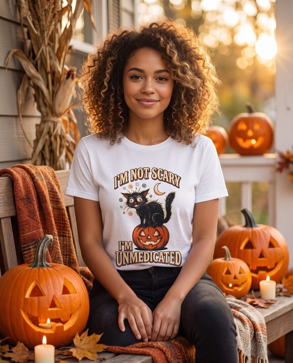 Person wearing the white I'm Not Scary I'm Unmedicated t-shirt