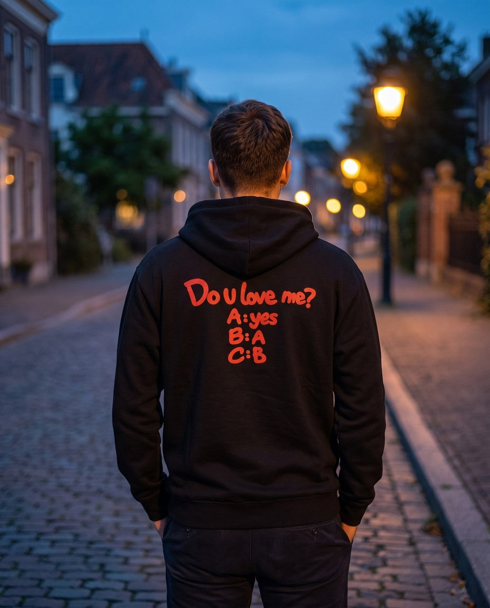 Person wearing the black Do U Love Me zip hoodie, seen from behind