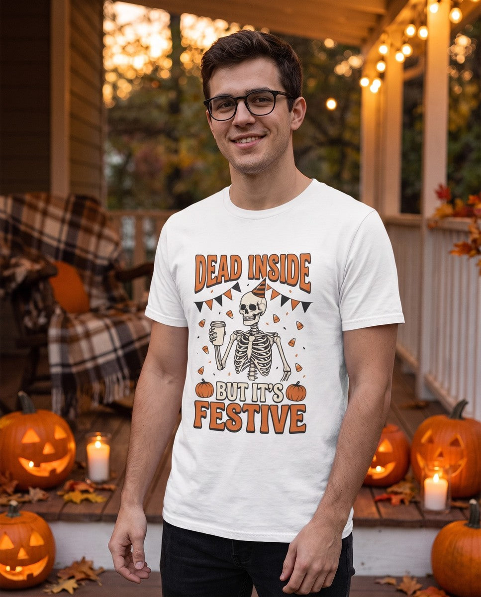 Person wearing the white Dead Inside But It's Festive t-shirt