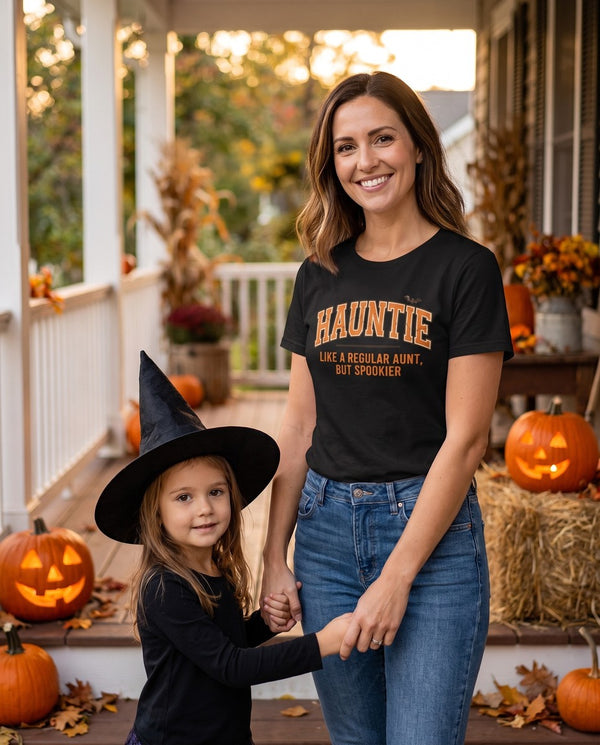 Person wearing the black Hauntie t-shirt
