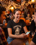 Person wearing the black Currently Haunting My Group Chat t-shirt