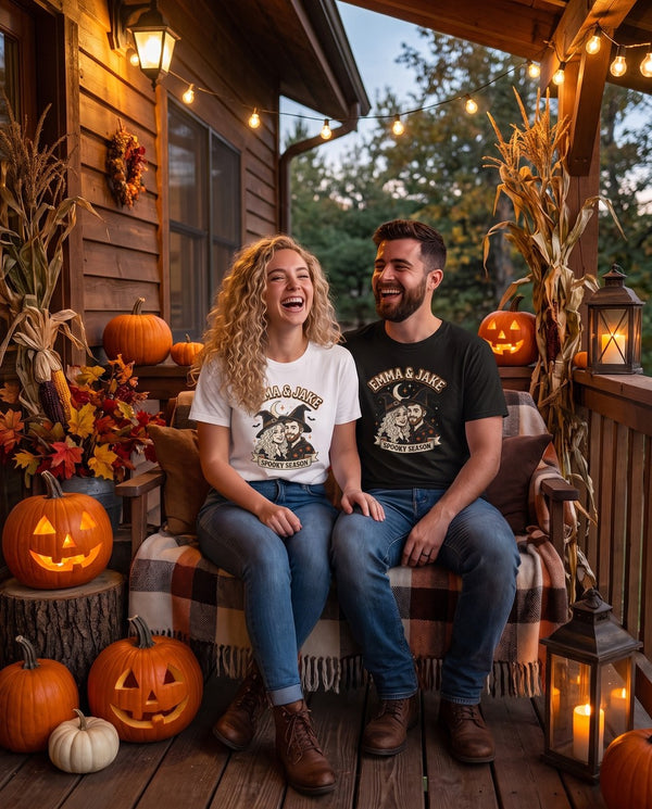 Couple on a Halloween porch wearing matching white and black custom couple portrait shirts