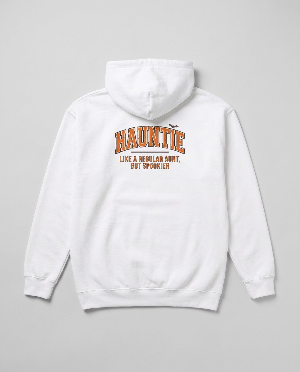 White Hauntie hoodie, vintage Halloween back print