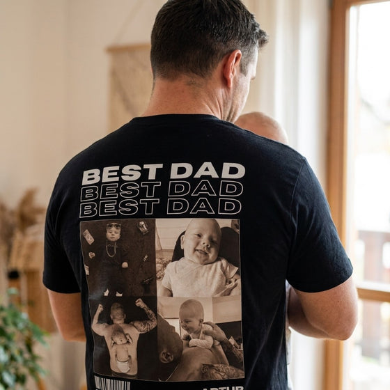 Czarna koszulka Best Dad z nadrukiem kolazu zdjec na plecach - Koval Customs. Polska produkcja, wysoka jakosc, personalizowana