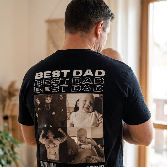 Czarna koszulka Best Dad z nadrukiem kolazu zdjec na plecach - Koval Customs. Polska produkcja, wysoka jakosc, personalizowana