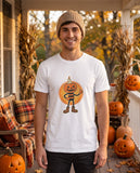Person wearing the white Pumpkin Candle Head t-shirt