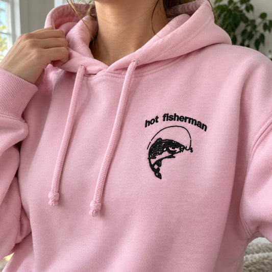 [US] Hot Fisherman Embroidered Sweatshirt - hoodie held up in hands or worn