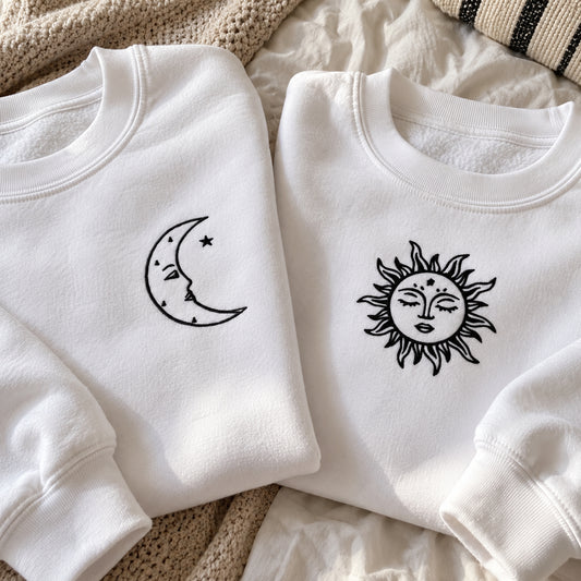 [US] Moon and Sun Matching Couple Sweatshirts - crewneck sweatshirt laid flat on a bed or sofa, or folded on a chair