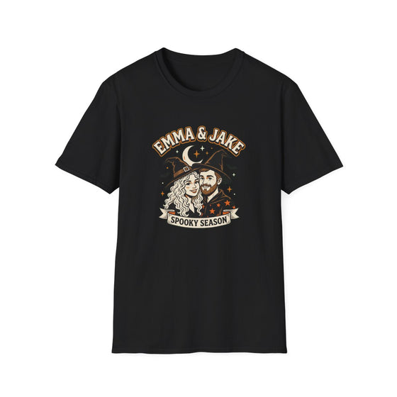 Black custom couple Halloween portrait t-shirt, a couple drawn as a witch and a wizard with their names