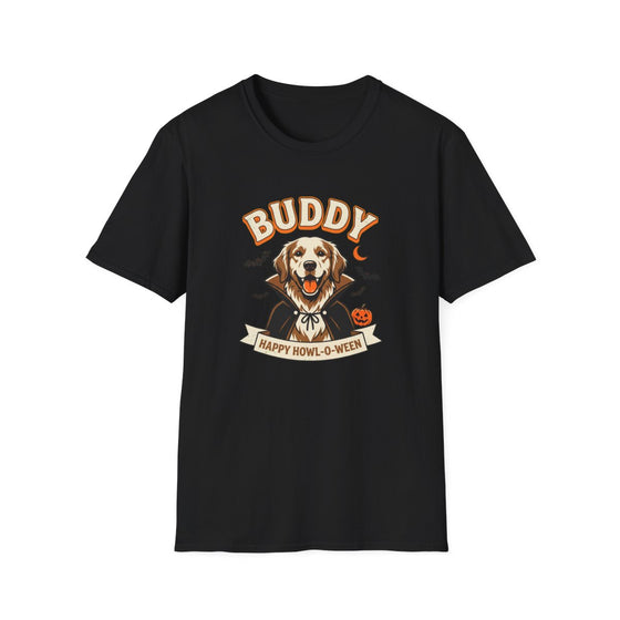 Black custom dog Halloween portrait t-shirt, a golden retriever drawn in a vampire cape with its name