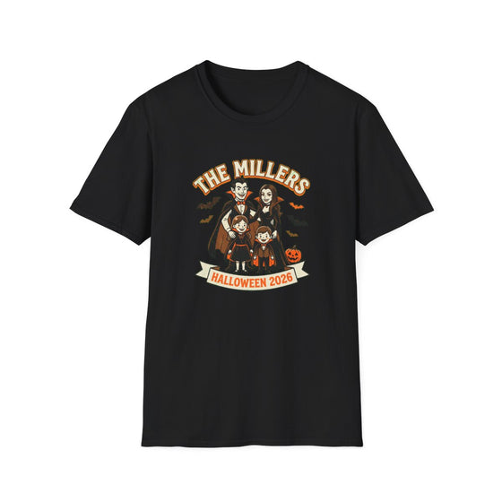 Black custom family Halloween portrait t-shirt, the whole family drawn as vampires with their family name