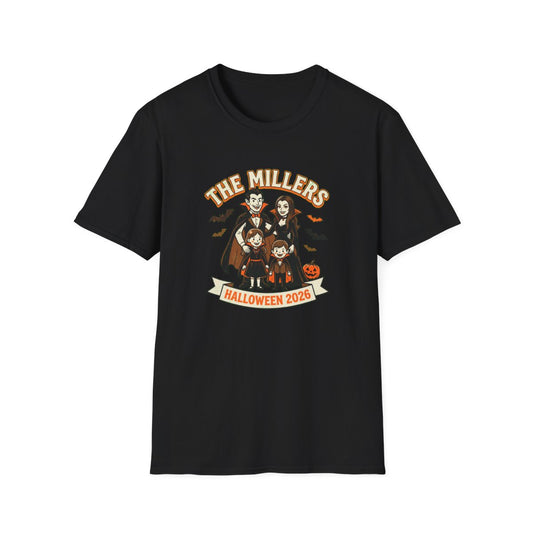 Black custom family Halloween portrait t-shirt, the whole family drawn as vampires with their family name