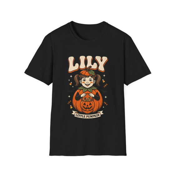 Black custom kid Halloween portrait t-shirt, a little girl drawn as a pumpkin with her name