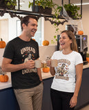 Two friends wearing the black and white Undead And Underpaid t-shirts