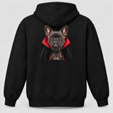 Black hoodie with a real French bulldog in a vampire cape printed on the back, Halloween pet portrait