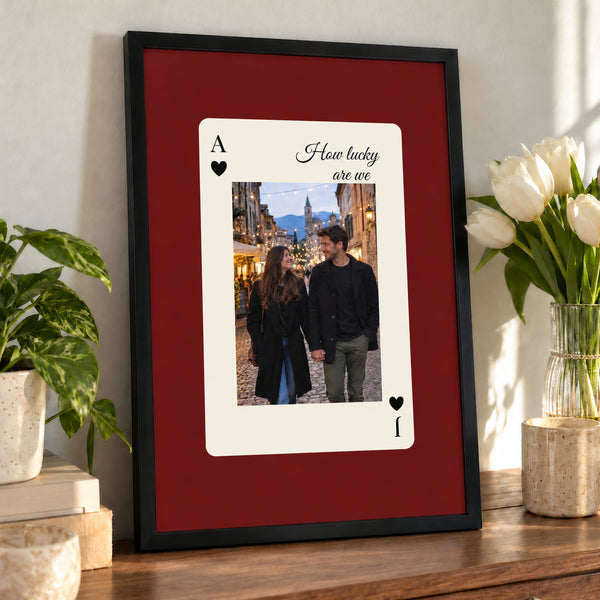 [US] Ace of Hearts Photo Poster - framed poster leaning on a dresser with flowers